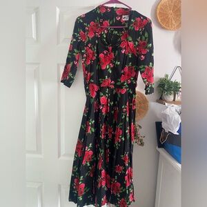 Hell bunny black and red floral 3/4 sleeve dress xs